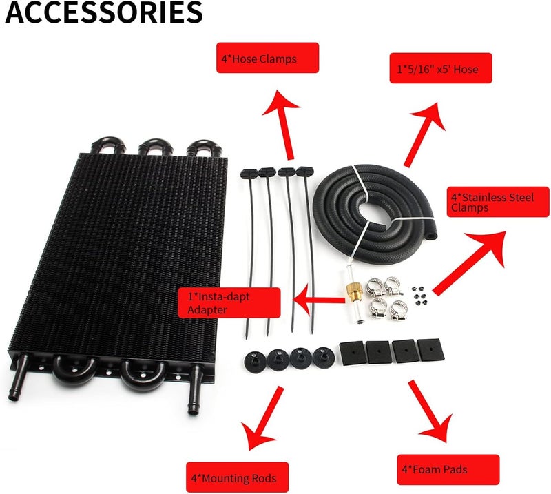 HTRACING 6 Pass Tube and Fin Transmission Cooler Universal 5/16" Oil Cooler Kit Aluminium Black - Image 3
